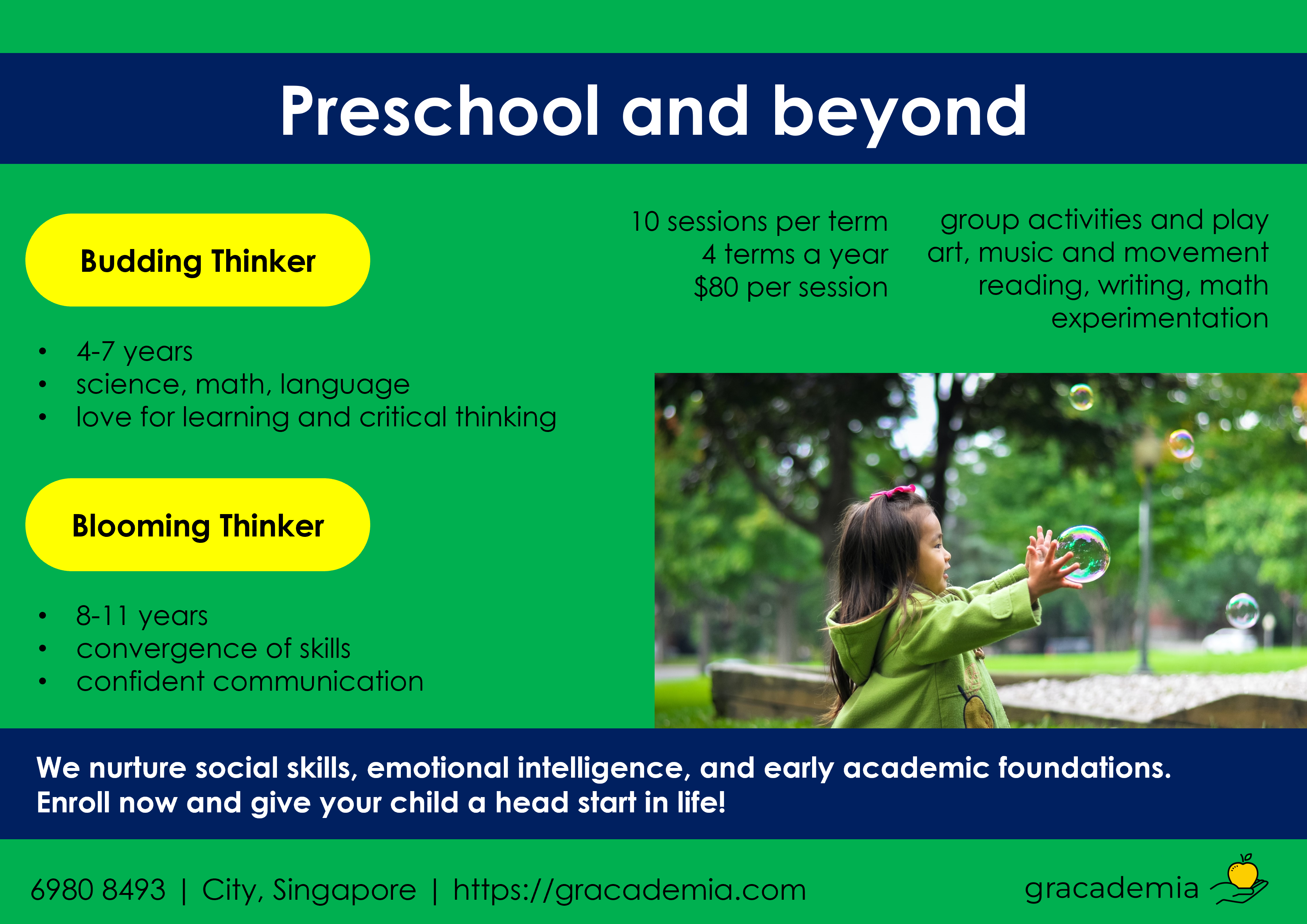 Poster on holiday classes by Gracademia for preschool and beyond 